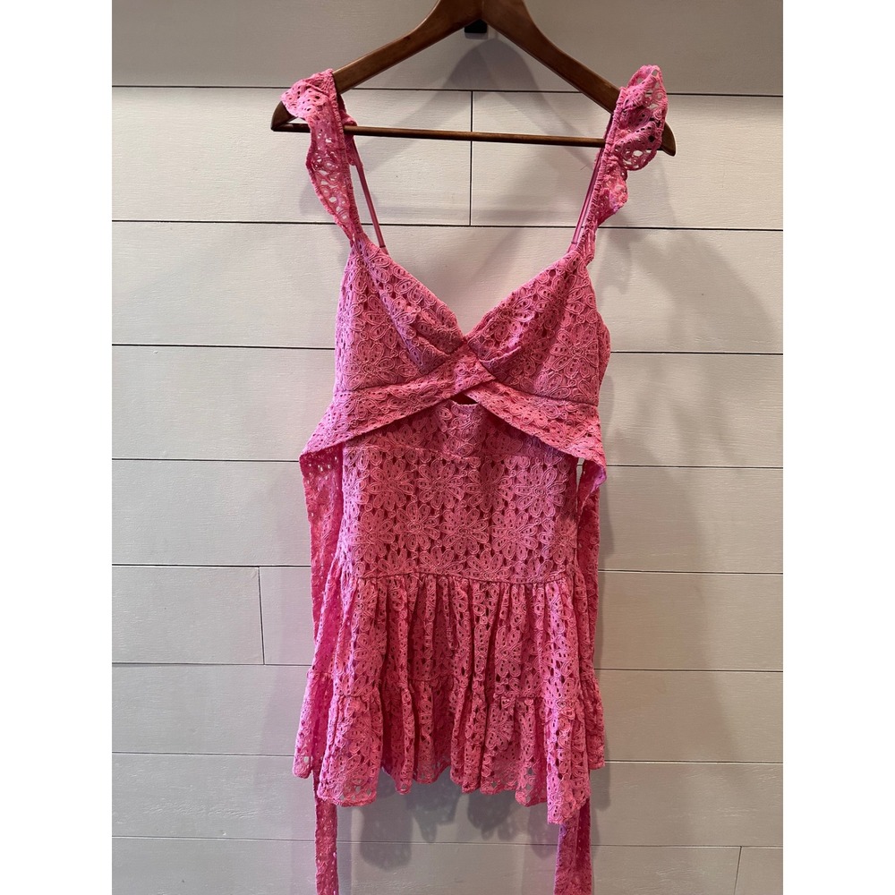 American Threads Pink Floral Eyelet Lace Ruffle Cutout Peplum Top CD-12177AT M